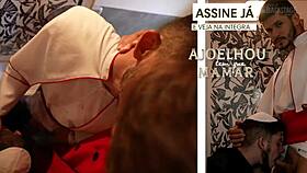 Peralta kneels for deepthroat in gay backstage group