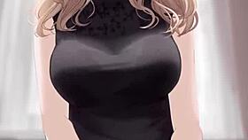 anime girl in black dress rides dick with cum splash.