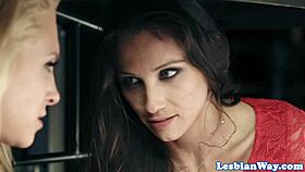 real lesbian babes sneakily lick pussy under the table