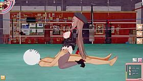 Rapi Nikke scene in Koikatsu game featuring characters with big features in 3D cartoon anime style.