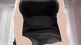 anime girl in black dress rides dick with cum splash.