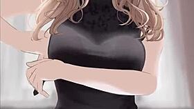 anime girl in black dress rides dick with cum splash.