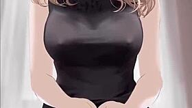 anime girl in black dress rides dick with cum splash.