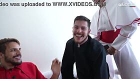 Peralta kneels for deepthroat in gay backstage group