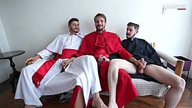 Peralta kneels for deepthroat in gay backstage group