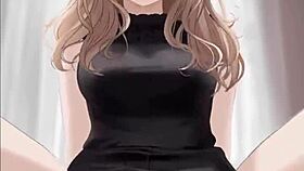 anime girl in black dress rides dick with cum splash.