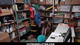 Alina West, a skinny 18-year-old shoplifter, gets caught stealing a dildo and fucked by the security officer in the office.