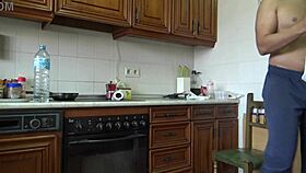 Perverted stepmom milks stepsons big dick while licking his asshole.