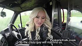 a handsome muscled guy engages with a female cab driver in the backseat