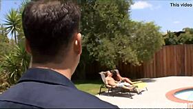 Mistress punishes old cuckold in garage