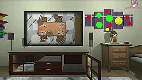 In the room of sex dolls, teen escapes by riding monster cock and taking bukkake.