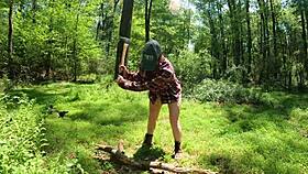 Pawg lumberjack strips naked in the forest for public flashing