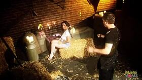 Brunette country girl in stockings gets huge cock in stables