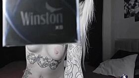 Pale slim tattoo camgirl flashes tits on cam 😏