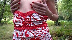 Scarlet Mature Redhead Flashes Outdoors