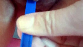 Beautiful brunette explores alternative masturbation techniques.