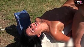 cum hungry slut gets blowbang bukkake outdoor, i mean shes covered in cum everywhere