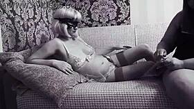 Pregnant MILF and mature girlfriend share amateur lesbian foreplay in black and white