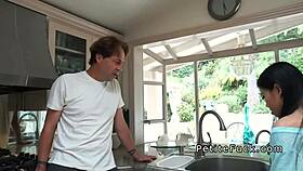 Petite Asian Banging Hard in Kitchen Without Panties