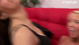 Blonde and brunette lesbians fingering each other to climax.