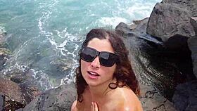 Unexpected Cumshot Surprises Nudist Girlfriend on Beach with Cuckold Twist