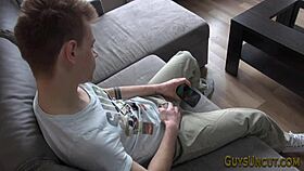 Uncut hunk solo stroking his dick to cumshot