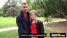 Fucking cuckold's hot pregnant girlfriend for quick cash in Czech streets