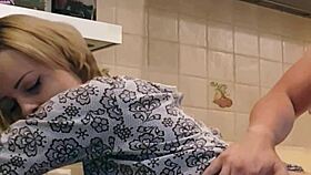 Damn, this sexy maid sucks n' fucks in kitchen... huge cumload!