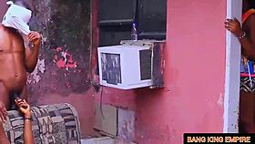 Tight ebony amateur pussy and asshole stretched by big cock in pov for neighbors