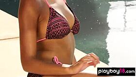 I can’t stop watching this ebony babe strip naked by the pool outdoors