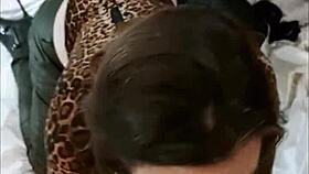 French amateur in black leather pants, multi-colored thong, satin grey shirt, heels rims and doggystyles in pov! 😏