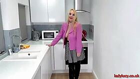 Lucy Gresty fingers herself in kitchen wearing thigh boots
