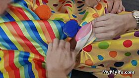 Horny brunette housewife rides clown's hard cock intensely