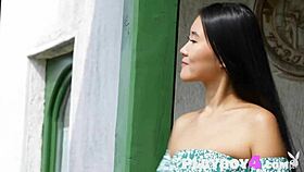 asian milf katana strips naked in vineyard, ripping clothes for solo fun