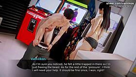 waifu academy petite asian teen jerks off big cock after losing bet in hentai gameplay