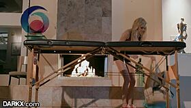 Petite teen bends over to massage massive black cock