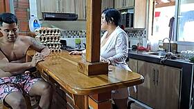 Latina mother in law seduces with deepthroat blowjob in kitchen