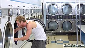 Teen nerd gives blowjob during laundry day