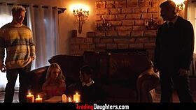 Wednesday Adams and Enid summon cock in cosplay.