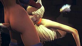 この若い18+のキツネがファーリーヤオイヘンタイで二人のフタナリチンポを吸う。プロのように口いっぱいの精液を飲む！