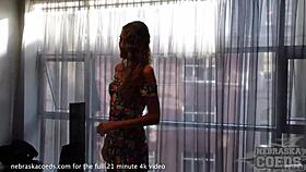 Really skinny tanned model, striptease dance and masturbate?