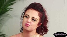 Cock sucking redhead blows her therapist - cum on face jizz fest