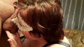 the hot amateur bbw kneels and gives her lover an excellent homemade blowjob with oral creampie