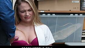 Naughty shoplifter Alyssa Cole gets caught and questioned in the office