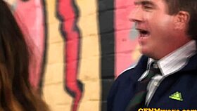 femdom street artist lissa love humiliates with blowjob and handjob, ending in facial.