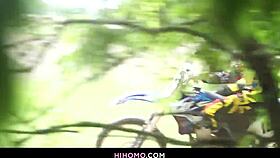 ryan rose and pheonix fellington ride interracial gay anal under trees with condom