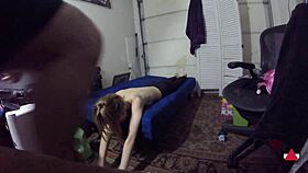 Blonde skinny girl in tight spandex riding and moaning topless in homemade video?