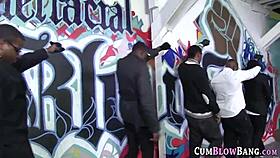 Slender Teen 18+ Sucks and Tugs Big Black Cocks in Intense Blowbang Gangbang