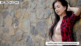 czech teen girl masturbating solo, showing her tits and legs in close-up