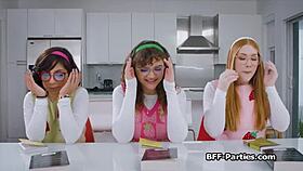 geek chicks get horny at party, blowjob group action